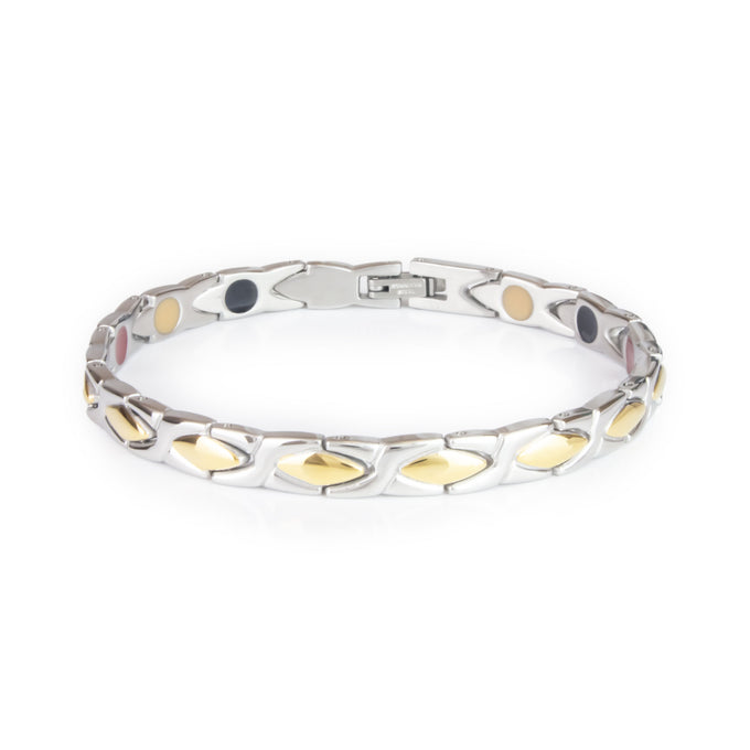 Alchemist stainless steel bracelet front view showing polished X-shaped links alternating with polished gold spacers and single row of embedded elements.