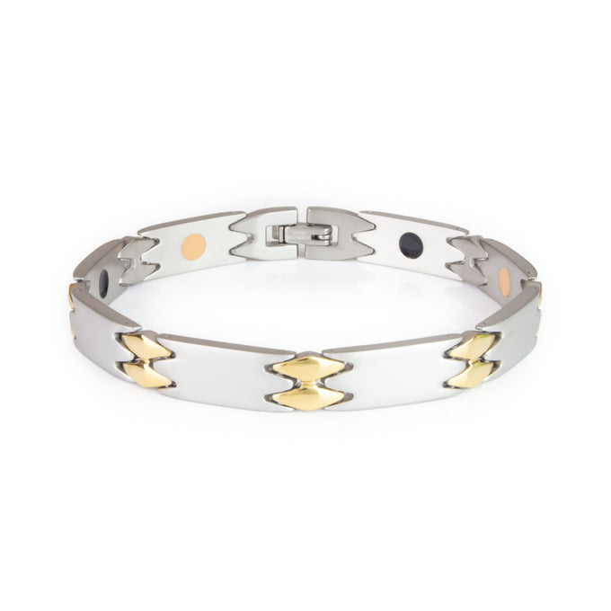 Alluring gold and stainless steel bracelet front view showing matte links and polished gold spacers with single row of embedded elements.
