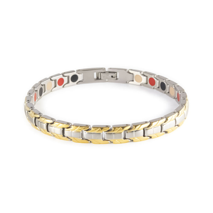 Course negative ion bracelet with stainless steel and gold, front clasped view.