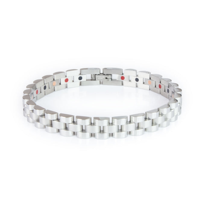 Elegant Flower stainless steel bracelet front view showing reflective borders and silver-toned links.
