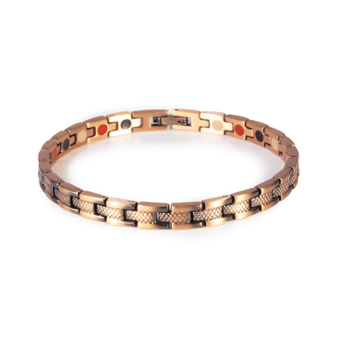 Ember copper negative ion bracelet with cross-hatched etched design, front clasped view.