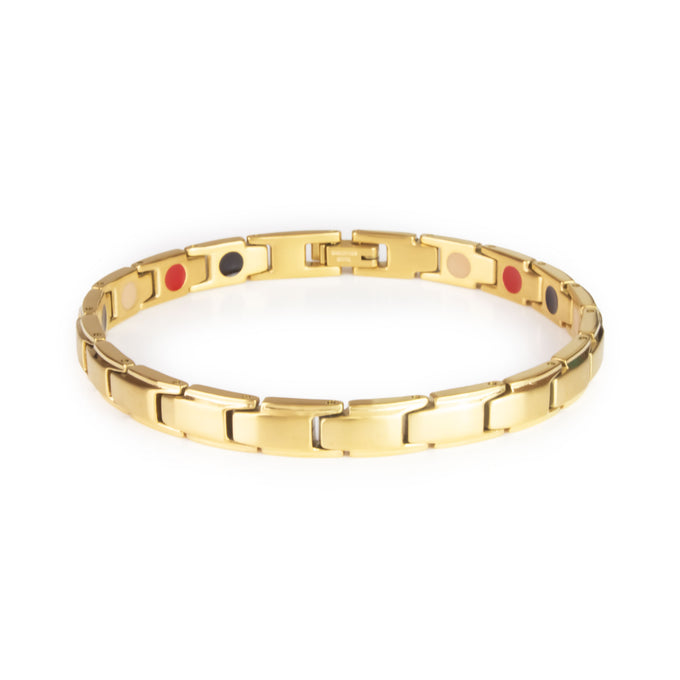 Luminosity gold stainless steel bracelet featuring polished borders, matte center links, and embedded negative ion elements.