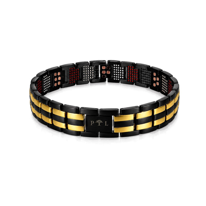 Midnight Gold Link Purlife Multi-Mineral bracelet new clean hero image with PTL tree buckle and mineral points