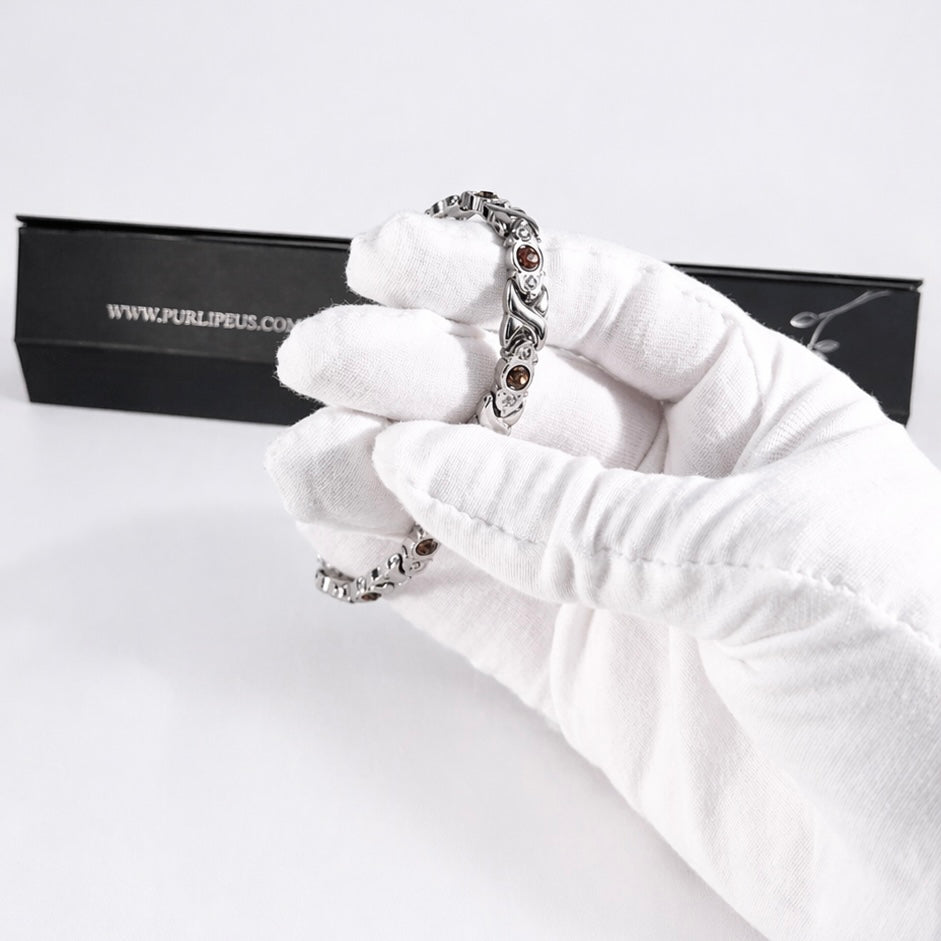 Labor Day Sale - Cross - Premium Hand Mineral-Infused Negative Ion Bracelet, Brown Swarovski Crystal Detail, Stainless Steel Design, Secure Branded Buckle, Limited Lifetime Warranty
