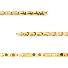 Close-up of Adored gold stainless steel bracelet to display crystal-accented links, polished finish and negative ion elements.