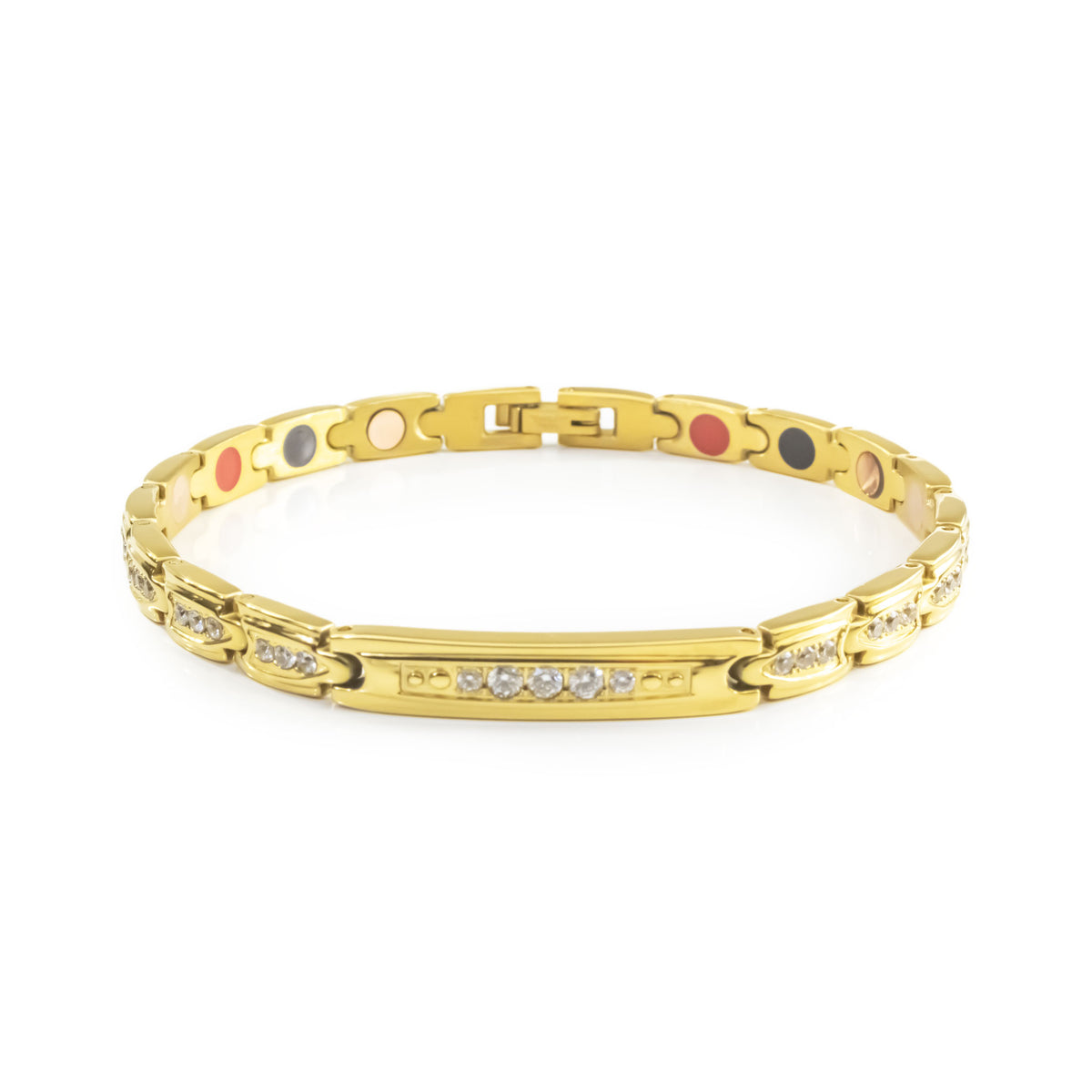 Adored gold stainless steel bracelet front view showing polished links and detailed crystal center bar.