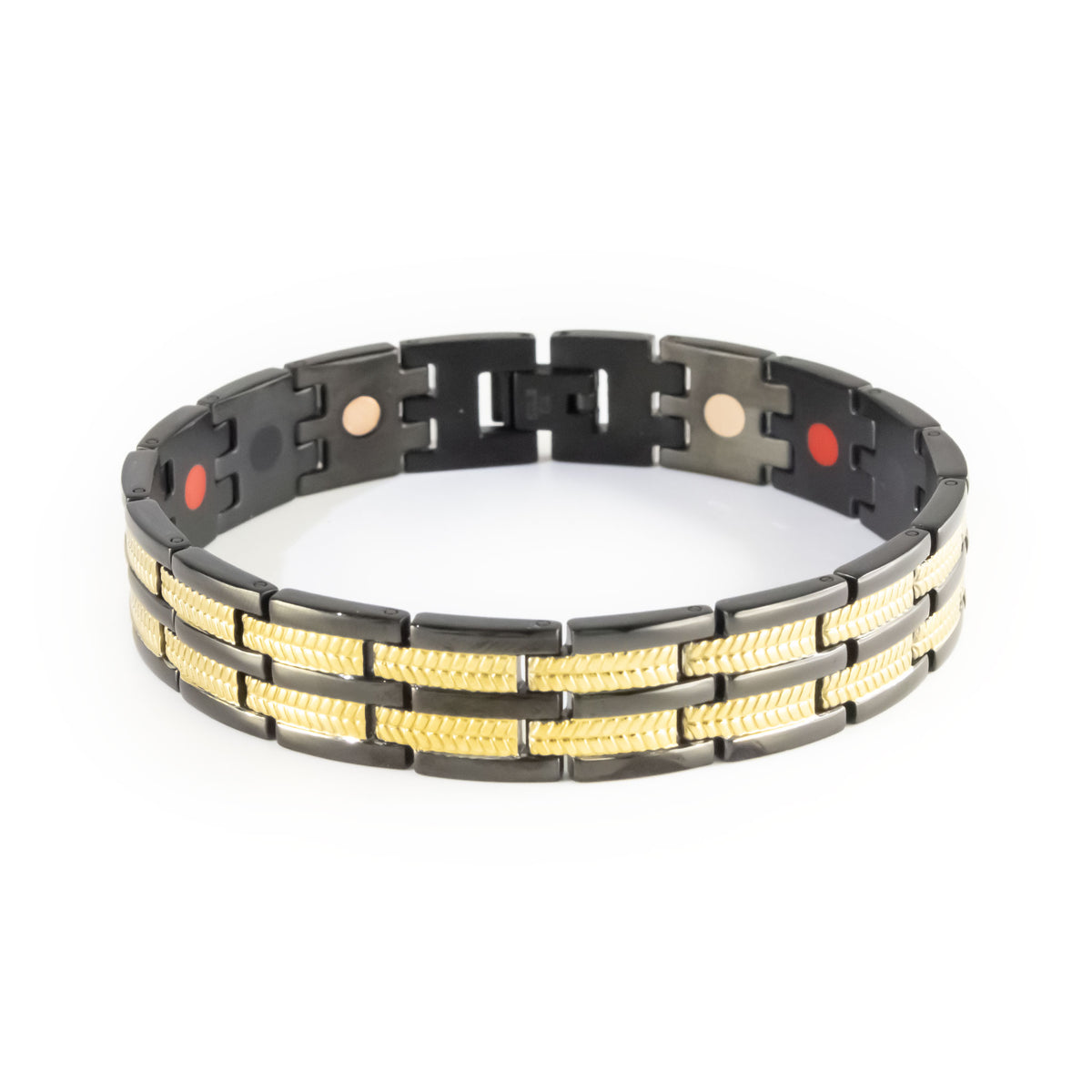 Aegis negative ion bracelet with black stainless steel and gold, front clasped view.