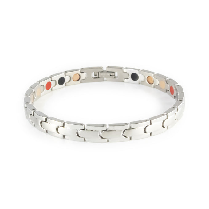 Affinity negative ion bracelet with stainless steel, front clasped view. 