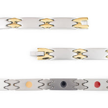 Close-up of Alluring bracelet highlighting matte stainless steel links, polished gold spacers, and embedded negative ion elements.