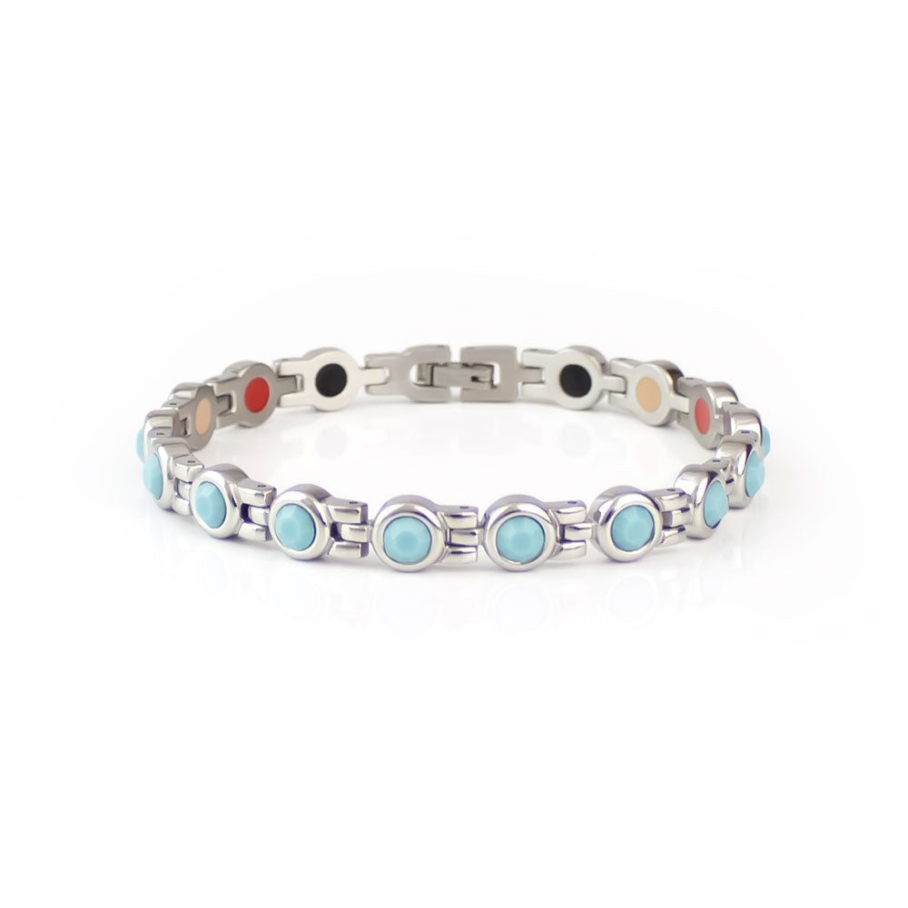 Labor Day Sale - Azure - Premium Hand Mineral-Infused Negative Ion Bracelet, Stainless Steel, Turquoise Detail, Boutique Everyday Wear, Secure Branded Buckle, Jointed Comfort Fit, Limited Lifetime Warranty