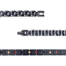 Close-up of Black Knight bracelet highlighting matte and polished black stainless steel links.