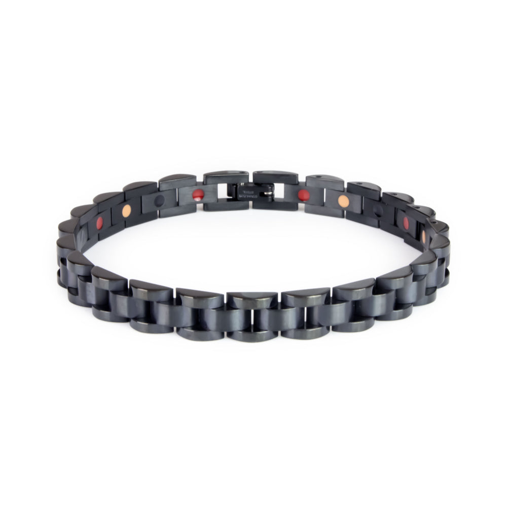 Black Knight all-black stainless steel bracelet front view showing matte center links and polished black borders.