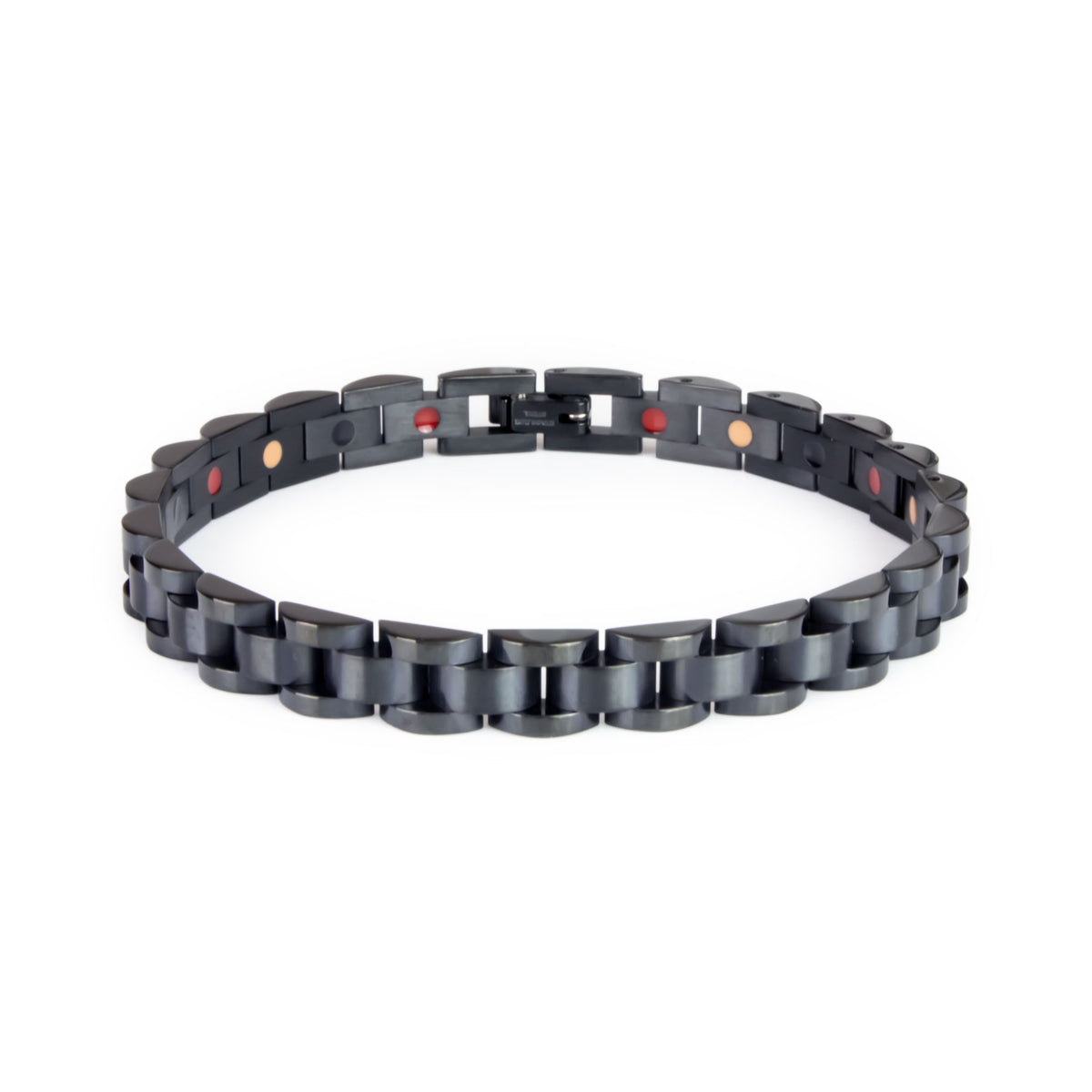 Black Knight all-black stainless steel bracelet front view showing matte center links and polished black borders.