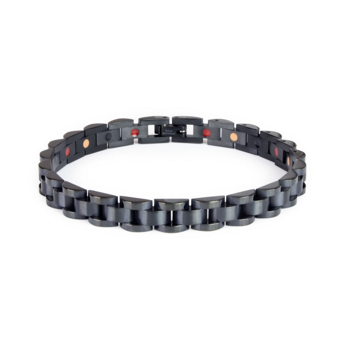 Black Knight all-black stainless steel bracelet front view showing matte center links and polished black borders.