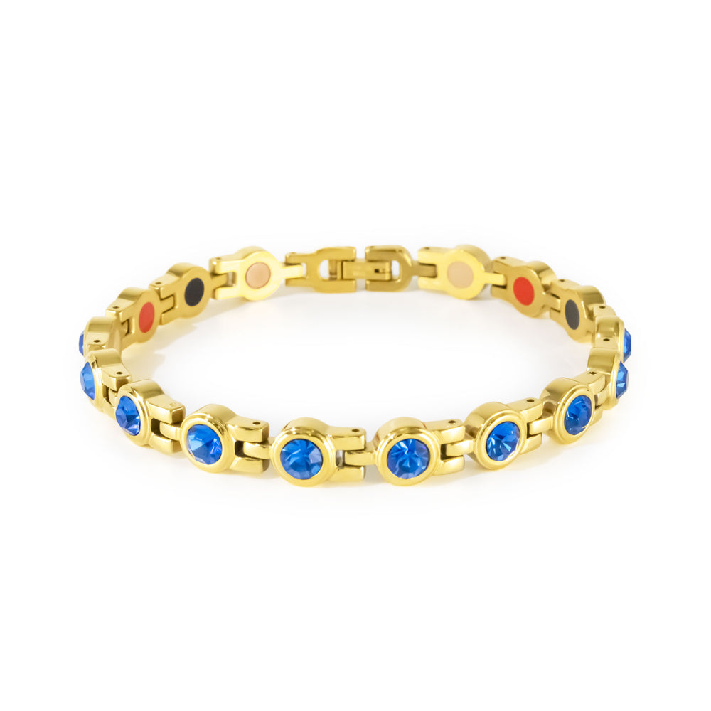 Blue Belle gold-plated stainless steel bracelet with royal blue crystals clasped front view.