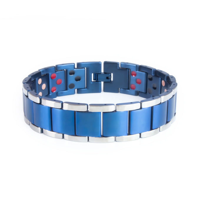 Blue Moon men’s titanium bracelet front view, showing matte blue center links with polished titanium borders and triple embedded elements.