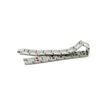 Brilliant Balance stainless steel bracelet unclasped and folded to display matte and polished finishes with precision link construction.