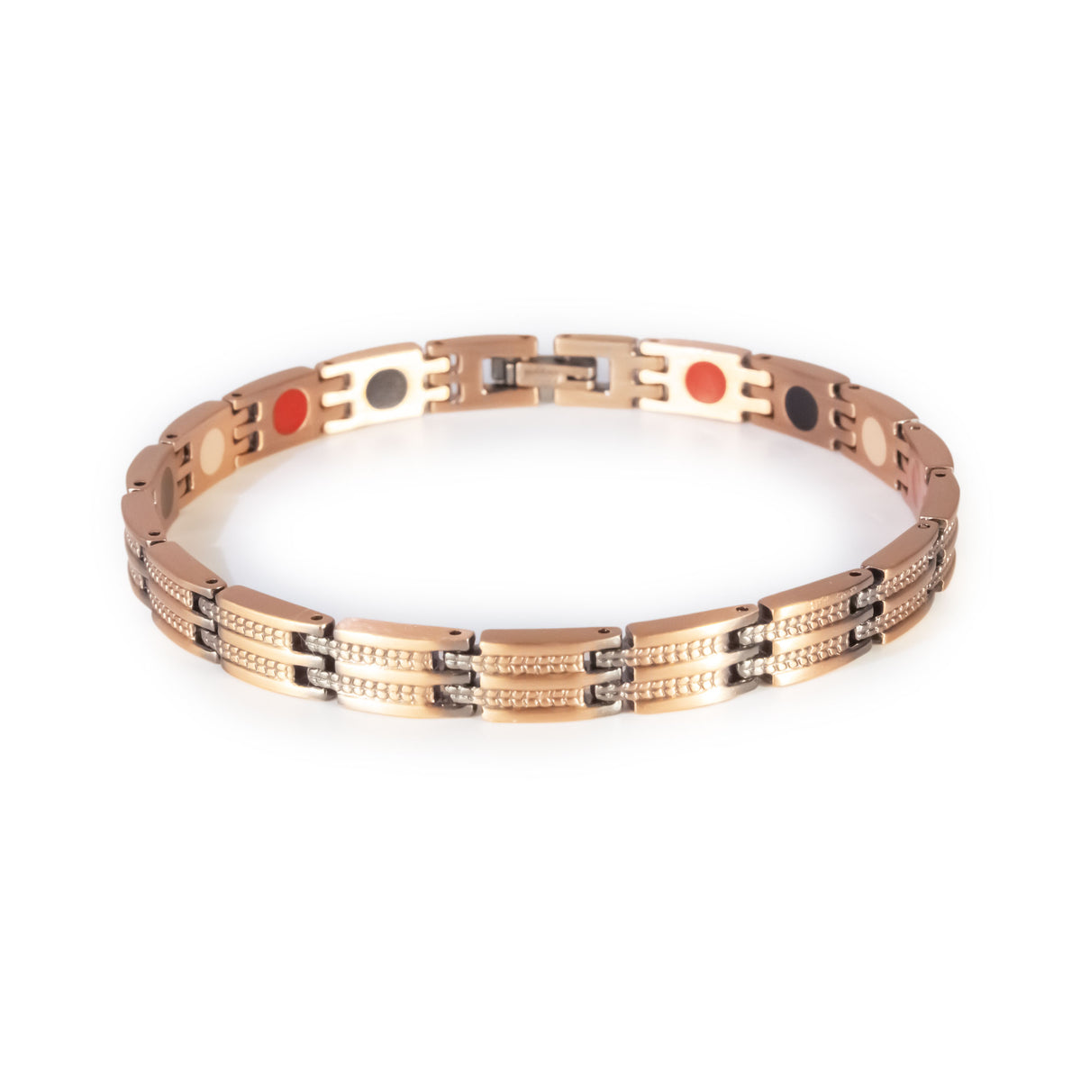 Canyon copper negative ion bracelet clasped front view, slim unisex design with etched bar pattern.