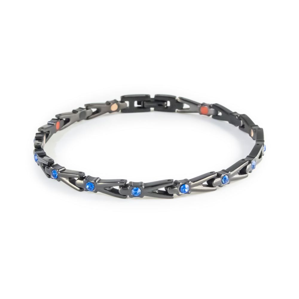 Cobalt Blue black titanium bracelet with royal blue crystals clasped front view.