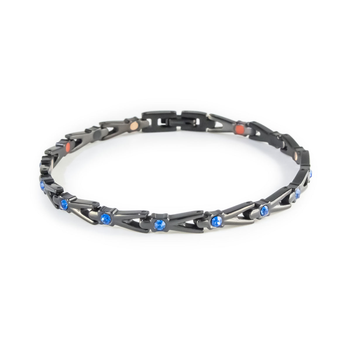 Cobalt Blue black titanium bracelet with royal blue crystals clasped front view.