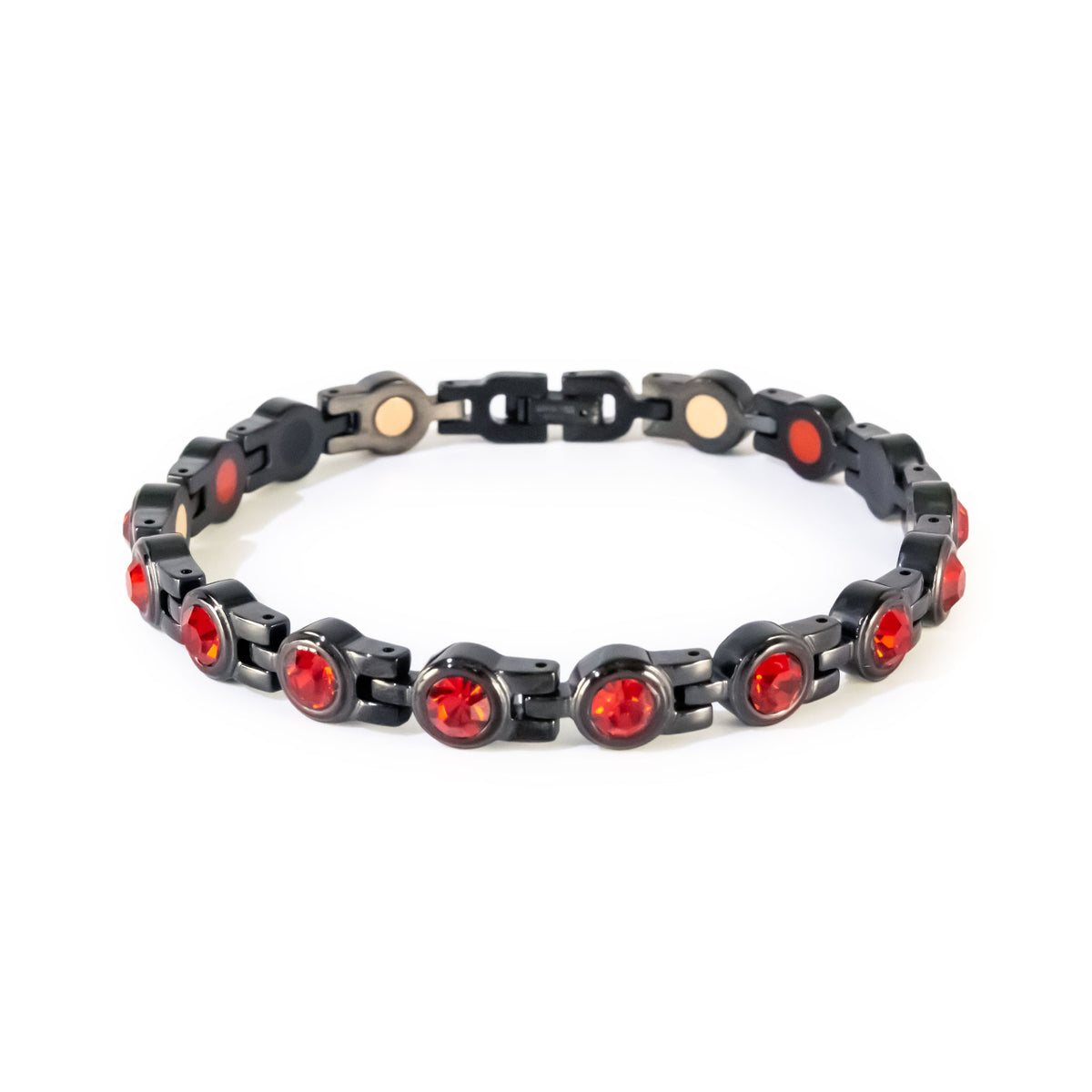 Crimson black stainless steel bracelet with red crystals clasped front view.