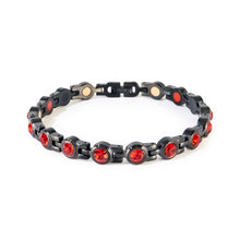 Crimson black stainless steel bracelet with red crystals clasped front view.