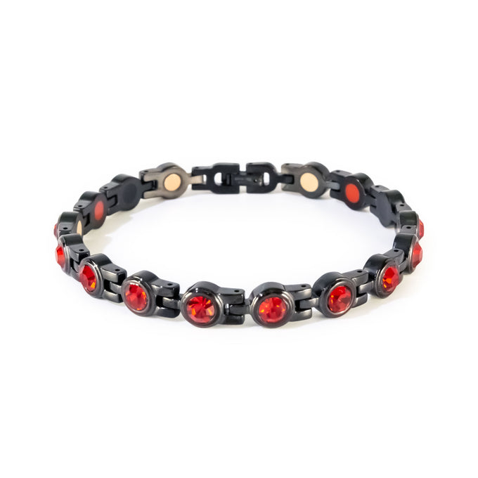 Crimson black stainless steel bracelet with red crystals clasped front view.