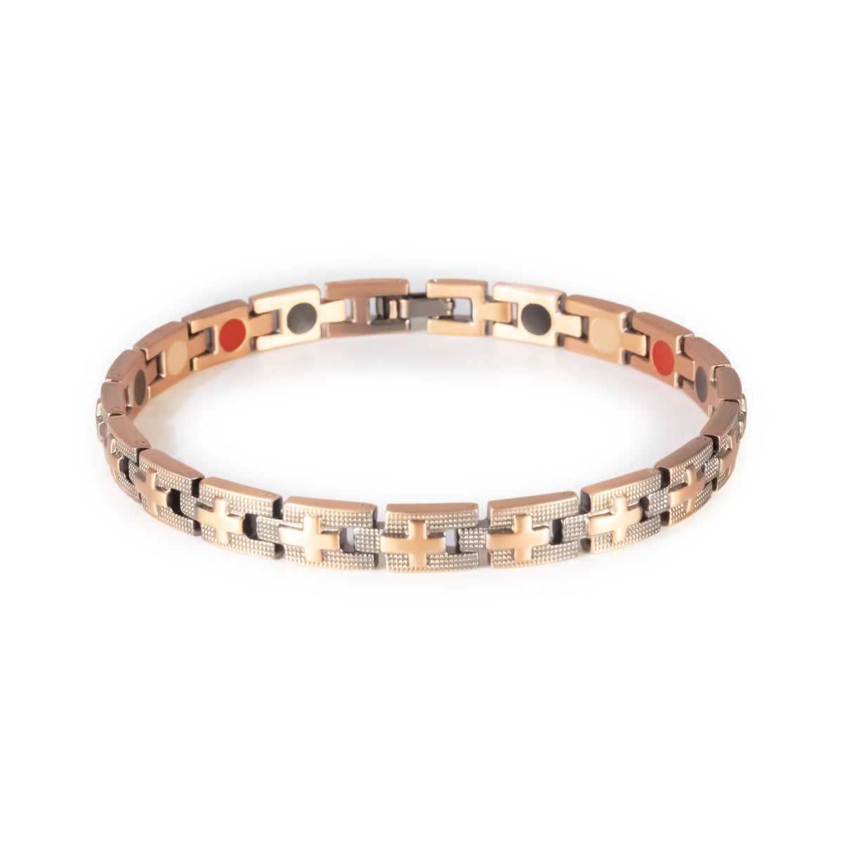 Crossroads copper negative ion bracelet clasped front view, slim unisex design with cross pattern.