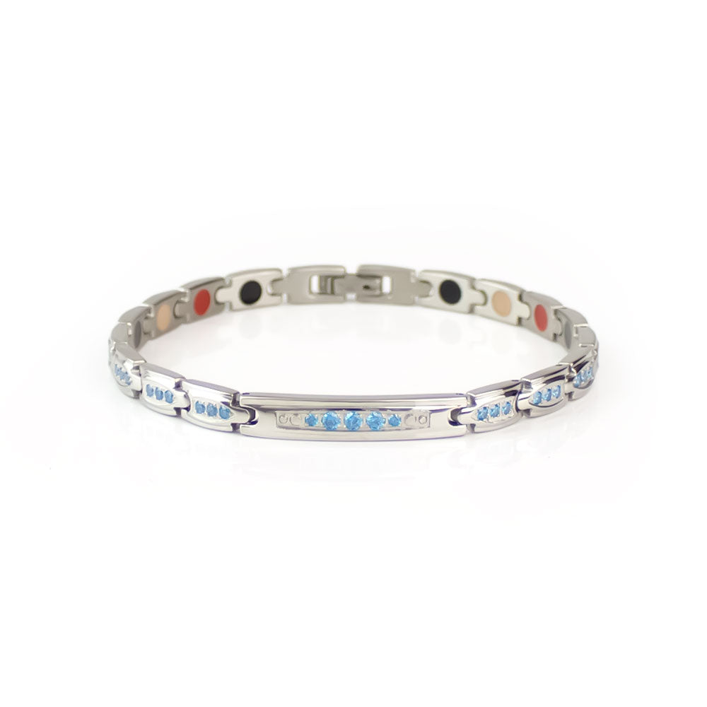 Labor Day Sale - Deep Sea - Premium Hand Mineral-Infused Negative Ion Bracelet, Stainless Steel, Swarovski Crystal Detail, Boutique Everyday Wear, Secure Branded Buckle, Jointed Comfort Fit, Limited Lifetime Warranty