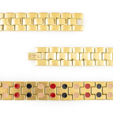 Close-up of Dual Tone bracelet highlighting gold-plated links, dual finishes, and double embedded negative ion elements.