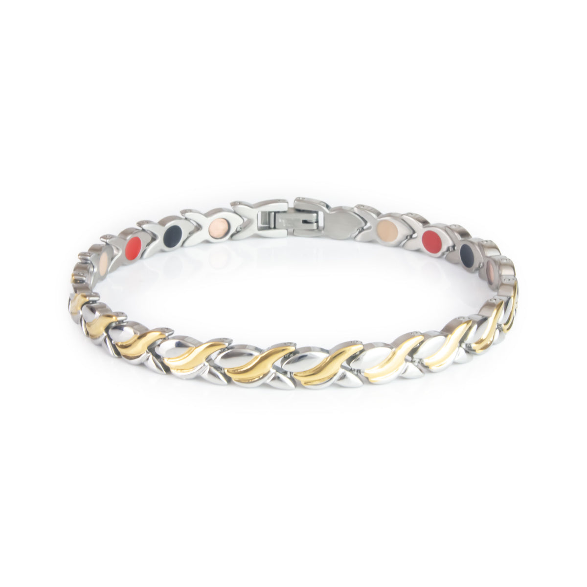 Duet bracelet in stainless steel and gold-plated dual-tone design with flowing wave-shaped links and embedded negative ion elements.