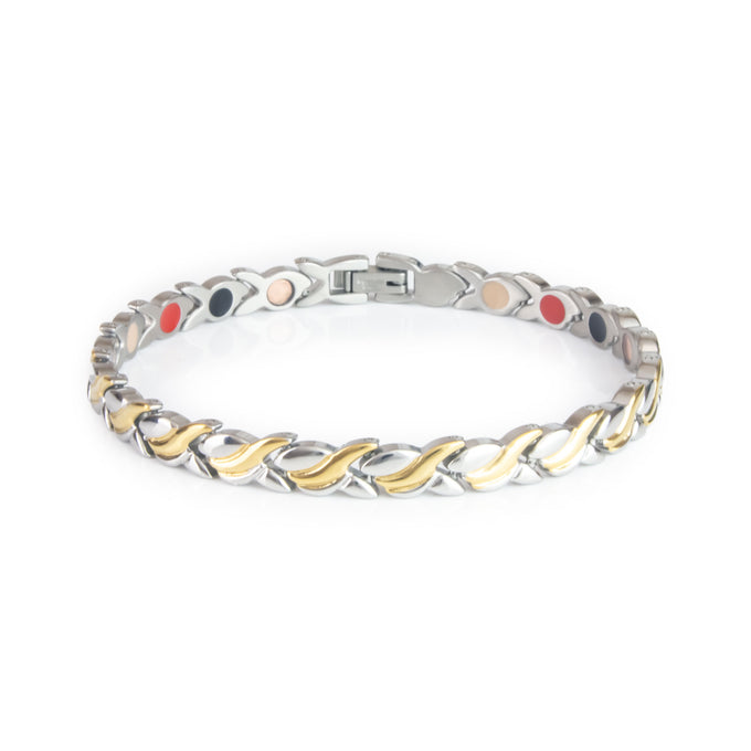 Duet bracelet in stainless steel and gold-plated dual-tone design with flowing wave-shaped links and embedded negative ion elements.
