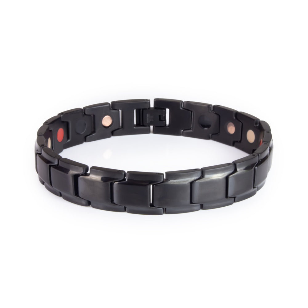 Ebony stainless steel bracelet front view showing matte black links with polished edges and single row of embedded elements.