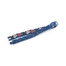 Electric Blue bracelet unclasped and folded to display interlocking blue steel links.