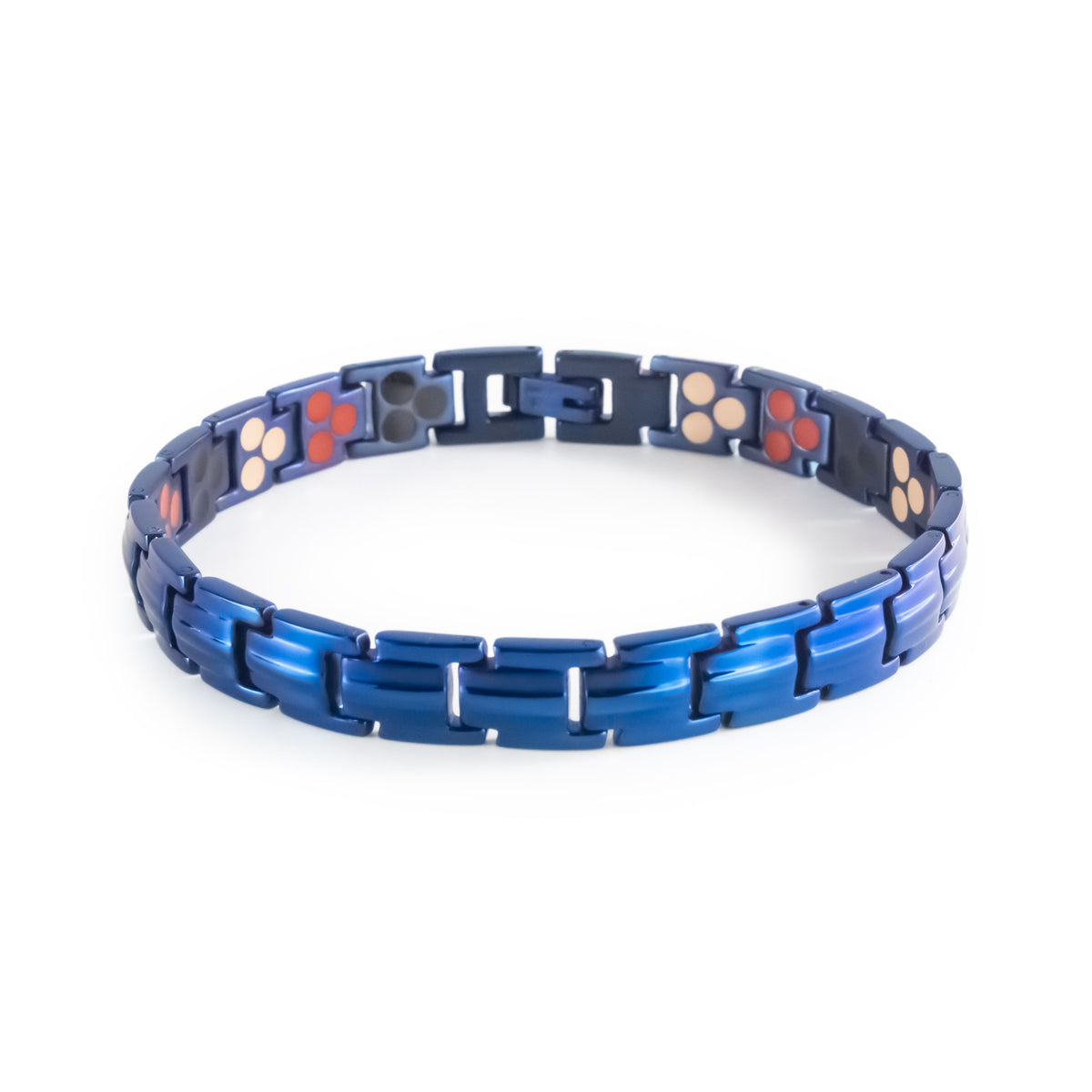 Electric Blue polished blue stainless steel bracelet clasped front view.