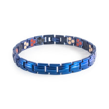 Electric Blue polished blue stainless steel bracelet clasped front view.