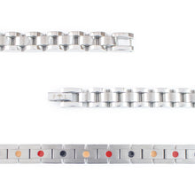 Close-up of Elegant Flower bracelet highlighting smooth stainless steel links and single row of embedded elements.