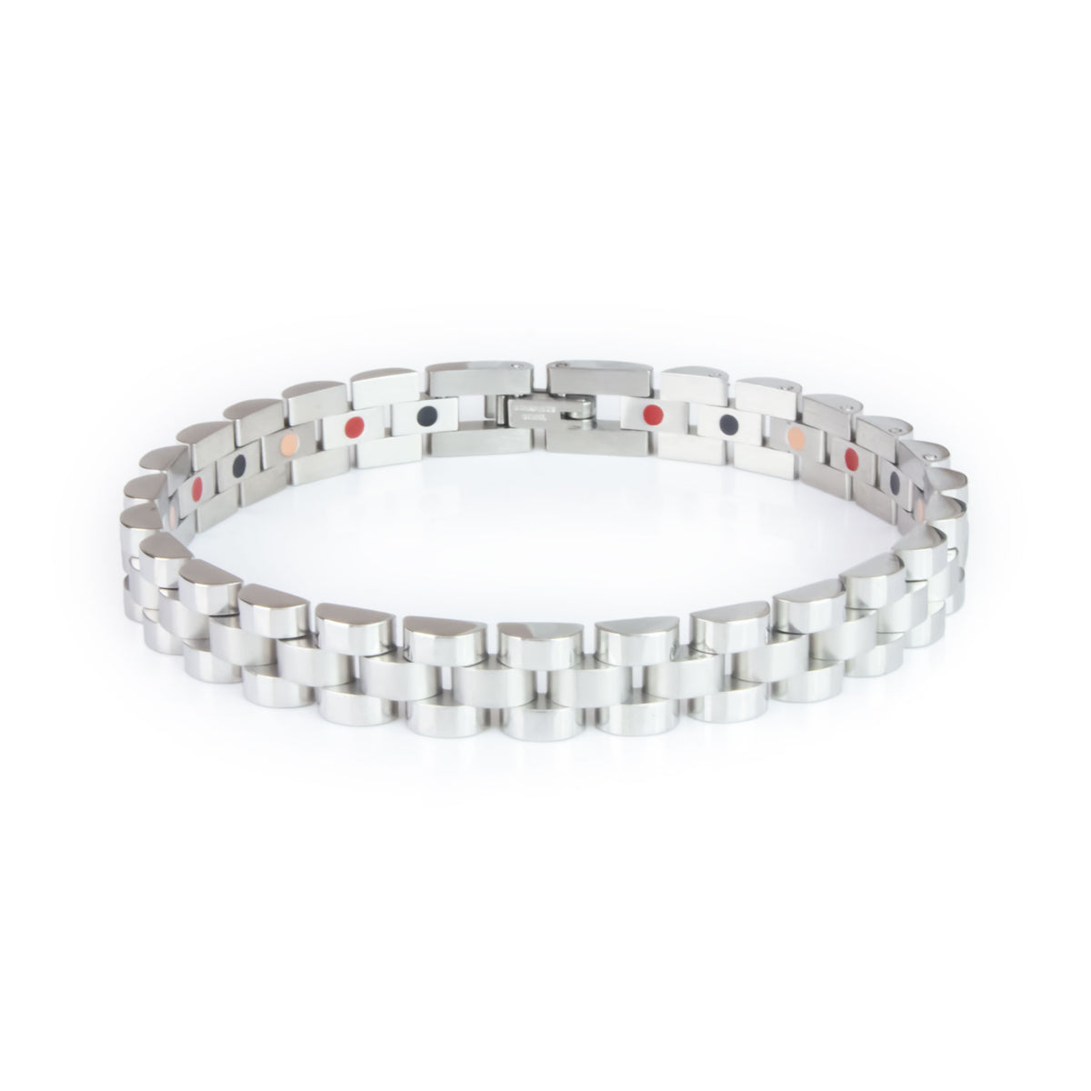 Elegant Flower stainless steel bracelet front view showing reflective borders and silver-toned links.