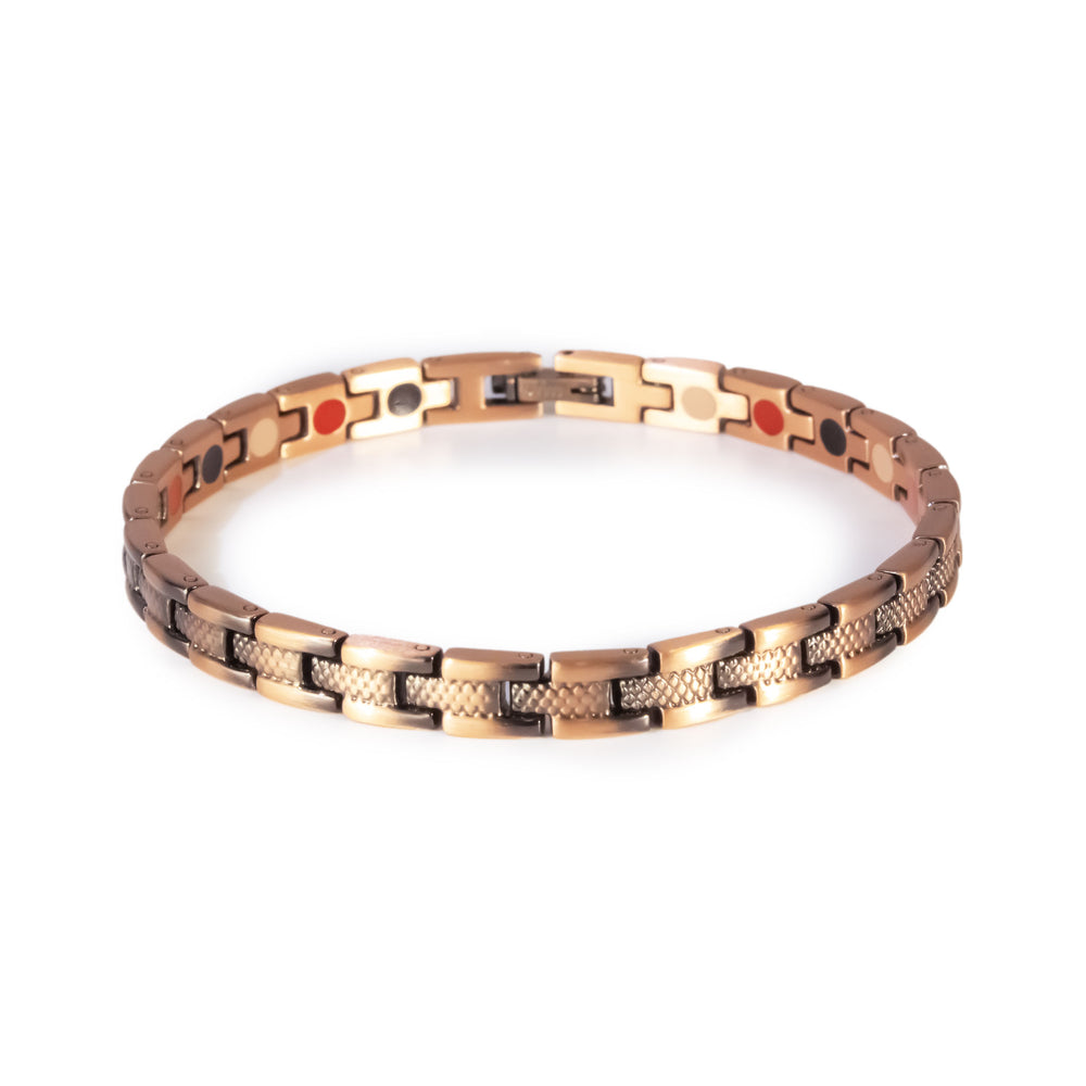 Ember copper negative ion bracelet with cross-hatched etched design, front clasped view.