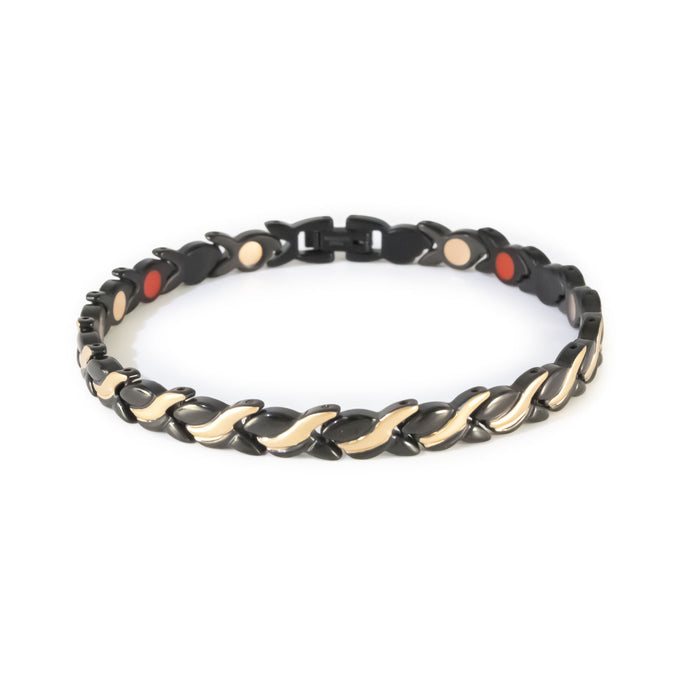 Ethereal black steel with rose gold waves negative ion bracelet clasped front view.