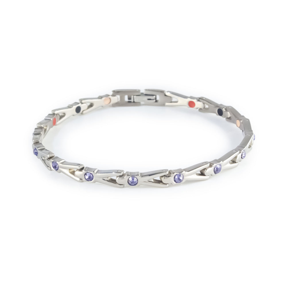 Evermore titanium bracelet with purple crystals clasped front view.