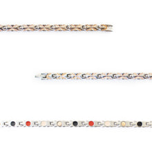 Close-up of Flutter negative ion bracelet links with stainless steel and rose gold to show detail.
