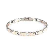 Flutter negative ion bracelet with stainless steel and rose gold, front clasped view. 
