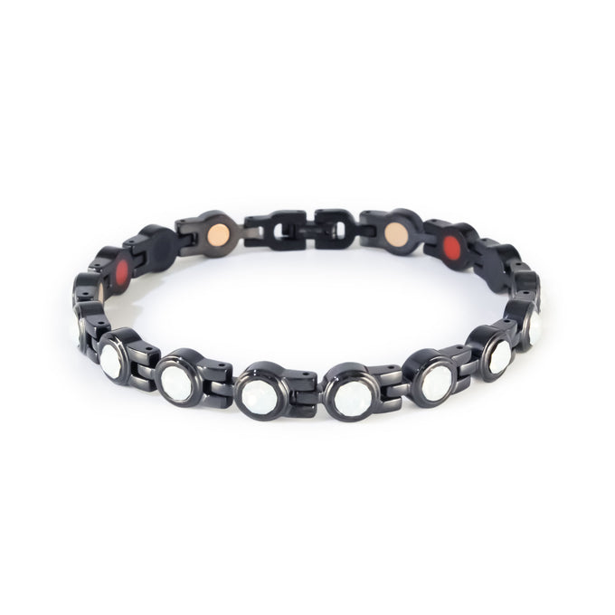 Black stainless steel bracelet with white crystal accents in clasped front display.