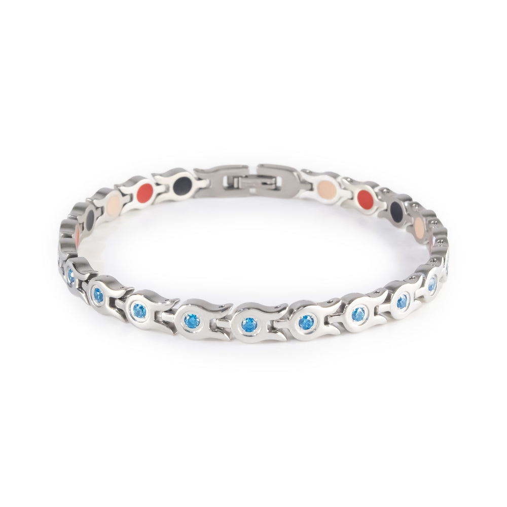 Glide stainless steel bracelet with blue crystals clasped front view.