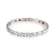Glide stainless steel bracelet with blue crystals clasped front view.
