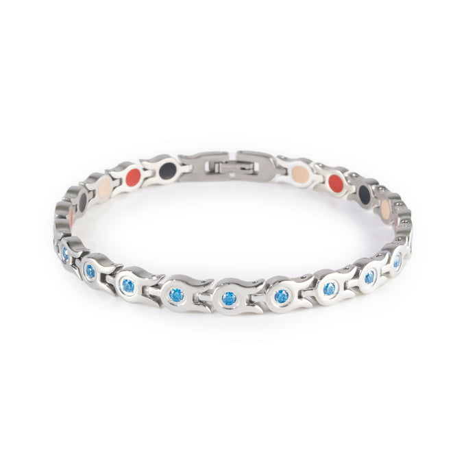 Glide stainless steel bracelet with blue crystals clasped front view.