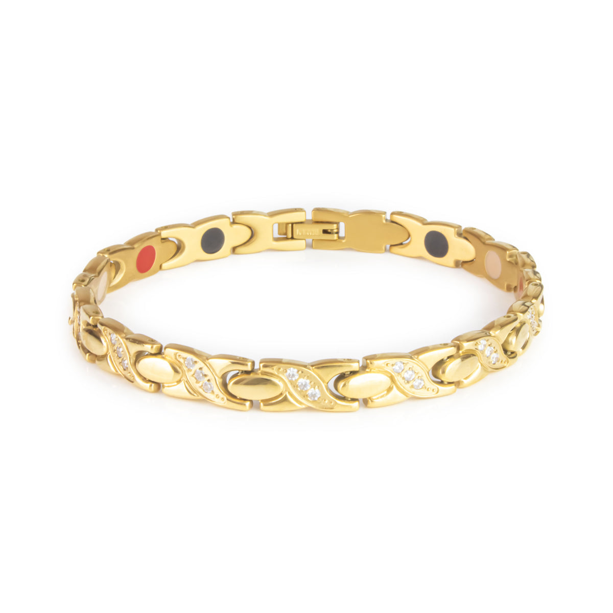 Glistening Star gold titanium bracelet, front view showing X-shaped links with sparkling crystal gems.
