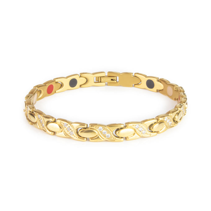 Glistening Star gold titanium bracelet, front view showing X-shaped links with sparkling crystal gems.