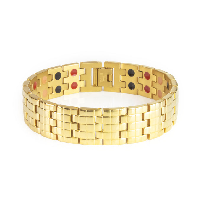 Golden Bliss polished gold stainless steel bracelet front view showing engraved checkered pattern and reflective finish.